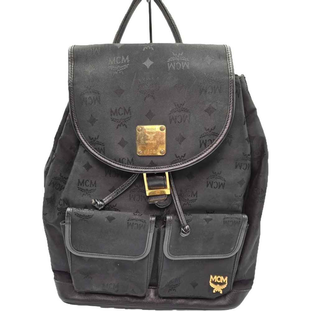 MCM Backpack Book Bag Black Logo Print Leather Trim Small Travel Bag